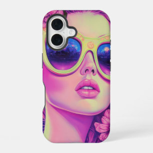 Neon Dream Girl with Floral Sunglasses iPhone 16 Case