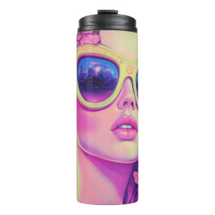 Neon Dream Girl with Floral Sunglasses Thermal Tumbler
