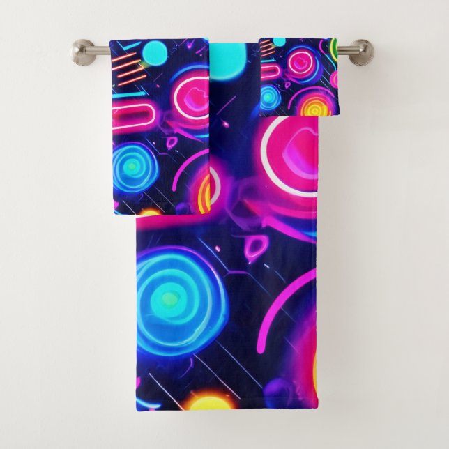 Neon Dreamscape: A Vibrant Abstract Art Bath Towel Set (Insitu)