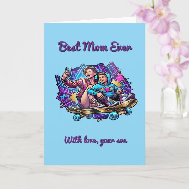 Neon Drive Mother’s Day Card: Cool Mum & Son Art Card (Orchid)
