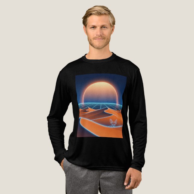 Neon Dunes – Synthwave Desert Fox Horizon Tri-Blend Shirt (Full Front)