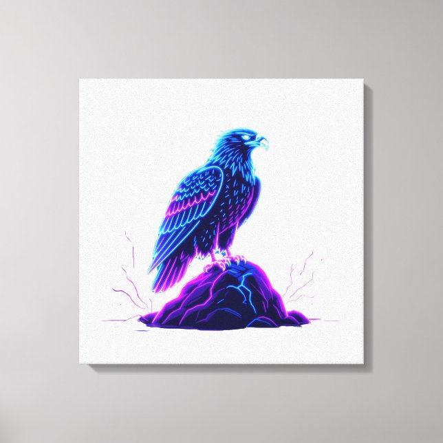 Neon Eagle on Glowing Rock – Cyberpunk Style Canvas Print (Front)