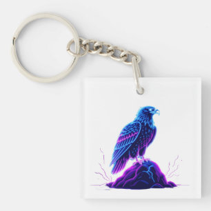 Neon Eagle on Glowing Rock – Cyberpunk Style Key Ring
