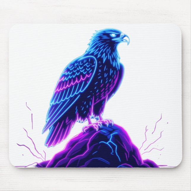 Neon Eagle on Glowing Rock – Cyberpunk Style Mouse Pad (Front)
