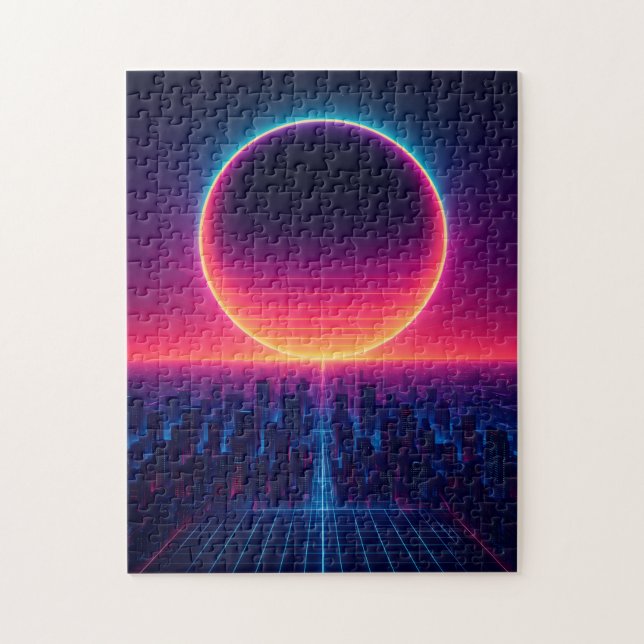 Neon Eclipse Over the Cyber City Jigsaw Puzzle (Vertical)