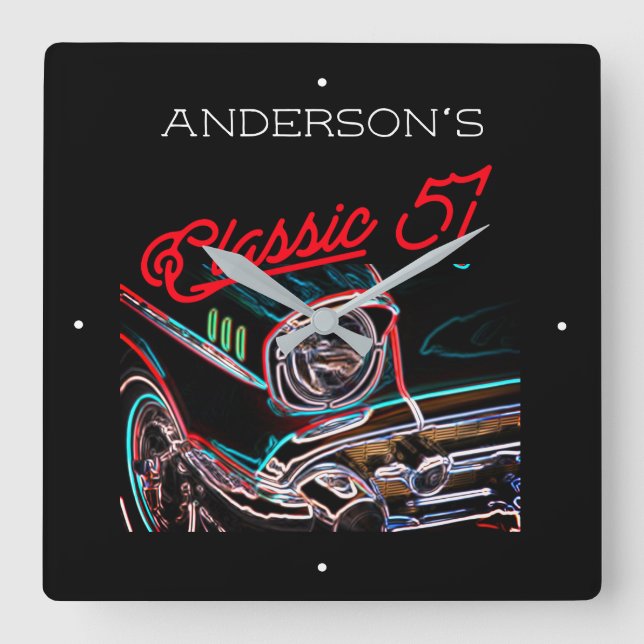 Neon Effect Chevy Classic 1957 Car Name Red Script Square Wall Clock (Front)