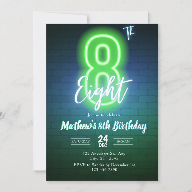 Neon eighth birthday Invitation (Front)