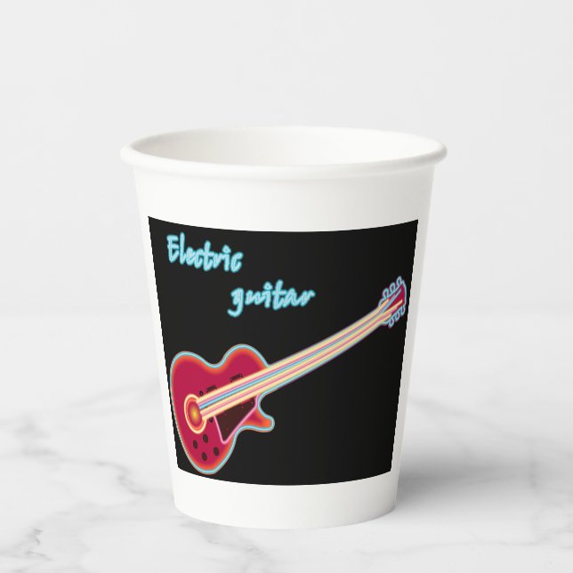 Neon Electric Guitar Retro 80s Rock Music Paper Cups (Front)