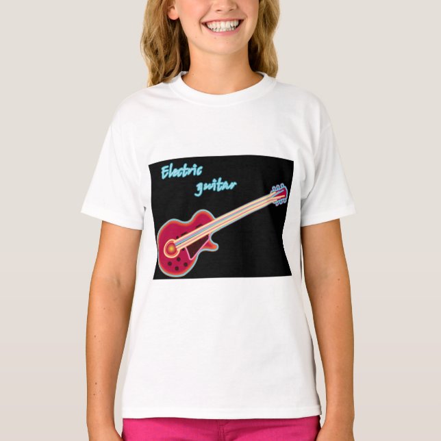 Neon Electric Guitar Retro 80s Rock Music T-Shirt (Front)