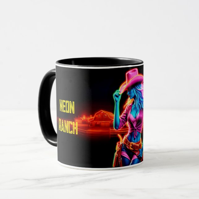 Neon fantasy cowgirl in glowing ranch setting mug (Front Left)