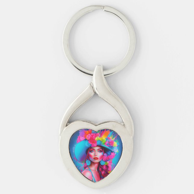 Neon Fantasy Floral Portrait  Key Ring (Front)
