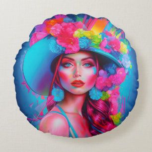 Neon Fantasy Floral Portrait Round Cushion
