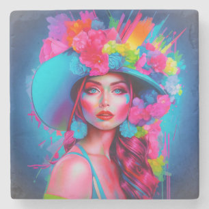 Neon Fantasy Floral Portrait Stone Coaster