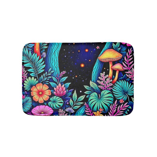 Neon Fantasy Forest Night Glow Design Bath Mat (Front)