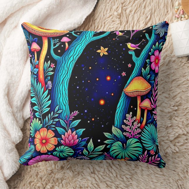 Neon Fantasy Forest Night Glow Design Cushion (Blanket)