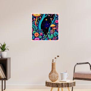 Neon Fantasy Forest Night Glow Design Poster