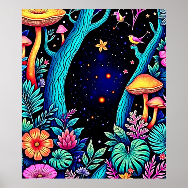 Neon Fantasy Forest Night Glow Design Poster (Front)
