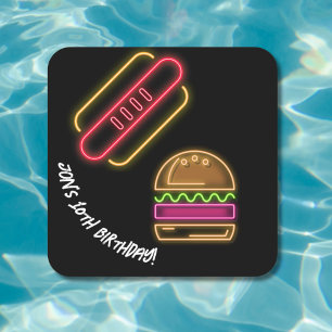 Neon Fast Food Monogram Name Vibrant  Square Paper Coaster