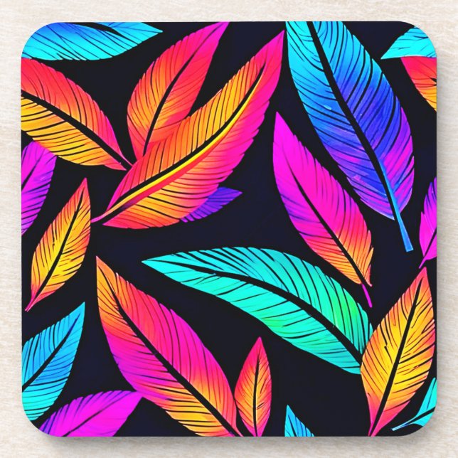 Neon Feather Pattern Vibrant Art Coaster (Front)