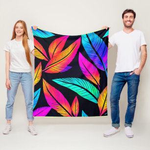 Neon Feather Pattern Vibrant Art Fleece Blanket