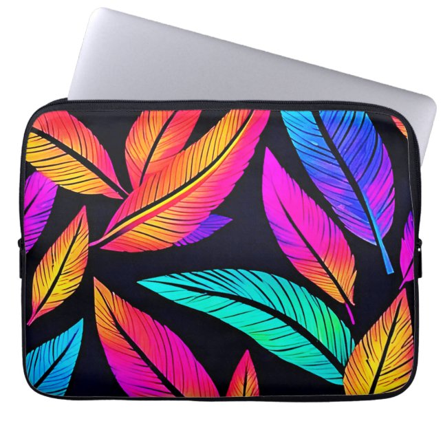 Neon Feather Pattern Vibrant Art Laptop Sleeve (Front)