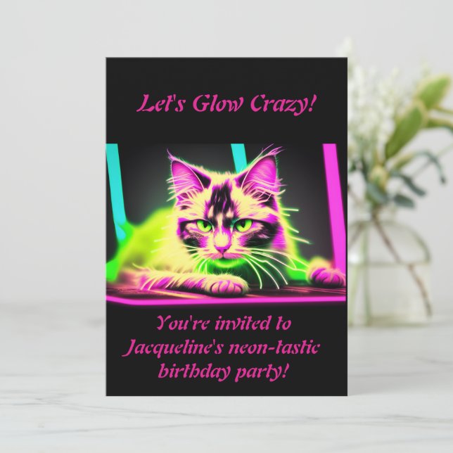  Neon Feline Fiesta: Teen Girl Birthday Collection Invitation (Standing Front)