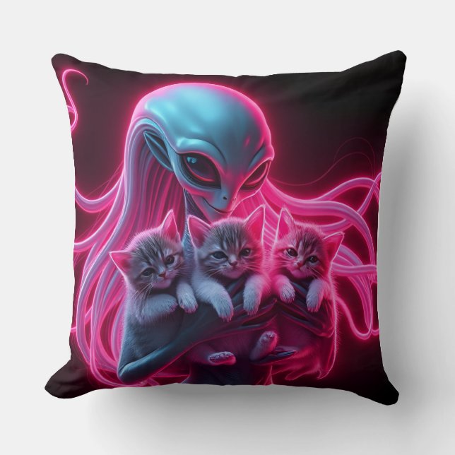 Neon Female Alien Cradling Kittens Cushion (Front)