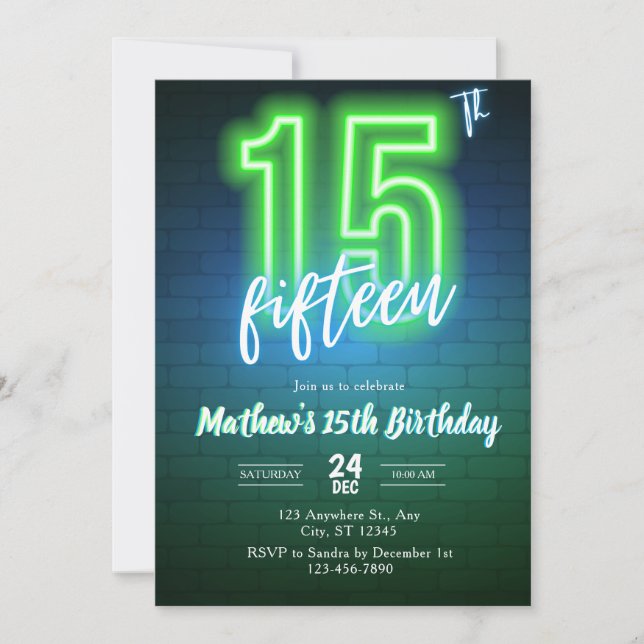 Neon fifteenth birthday Invitation (Front)