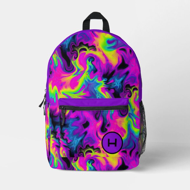 Neon Flame Tie Dye Purple Monogram  Printed Backpack (Front)