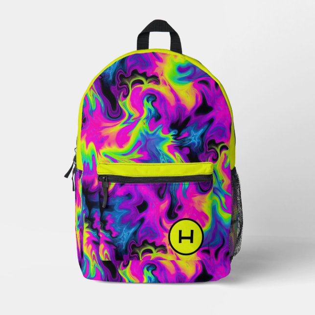 Neon Flame Tie Dye Yellow Monogram  Printed Backpack (Front)