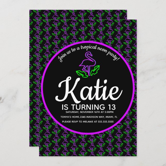 Neon Flamingo Glow Party Tropical Purple Invitation (Front/Back)