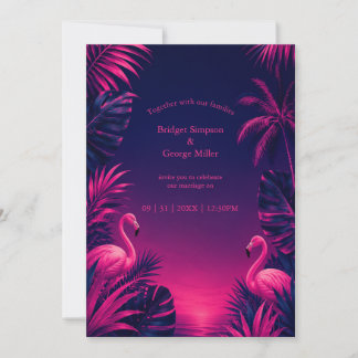 Neon Flamingo Hawaii Tropical Floral Night Wedding Invitation