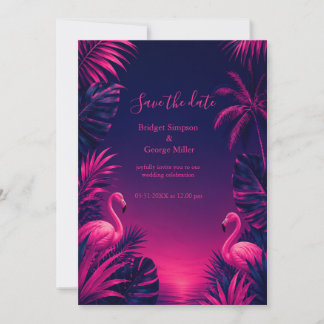 Neon Flamingo Hawaii Tropical Floral Night Wedding Invitation