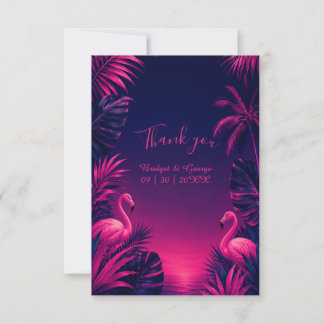 Neon Flamingo Hawaii Tropical Floral Night Wedding Thank You Card