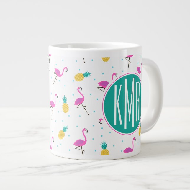 Neon Flamingos | Monogram Large Coffee Mug (Front Right)