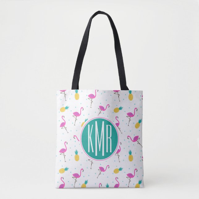 Neon Flamingos | Monogram Tote Bag (Front)