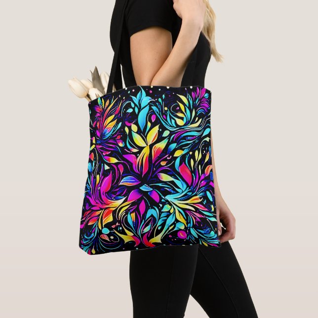 Neon Floral Burst Art Tote Bag (Close Up)