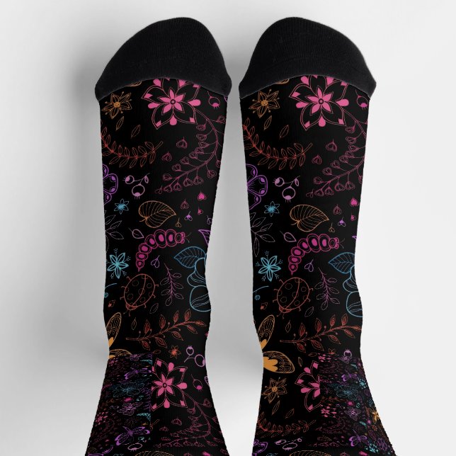 Neon Floral Butterfly Crew Socks (Top)