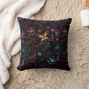 Neon Floral Butterfly Throw Pillow