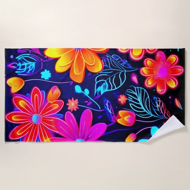 Neon Floral Fantasy Beach Towel (Front)
