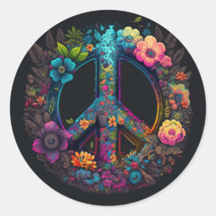 Neon Floral Peace Sign Classic Round Sticker
