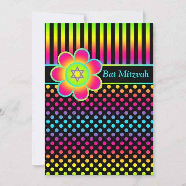 Neon Floral Stripes, Polka Dots Bat Mitzvah Invite (Front)