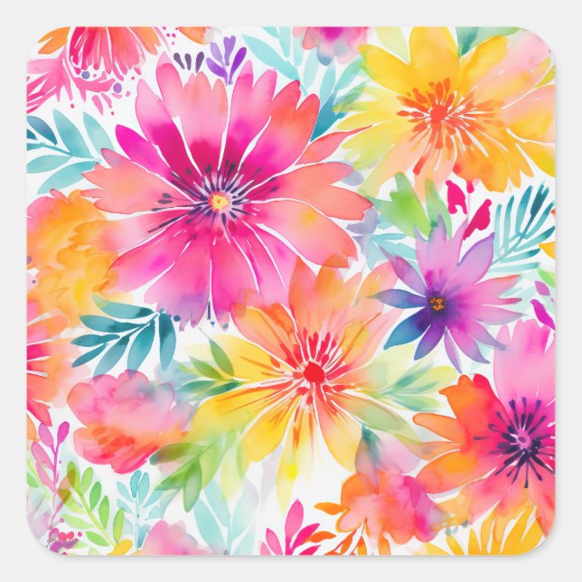 Neon Floral Watercolor Party Square Sticker (Front)