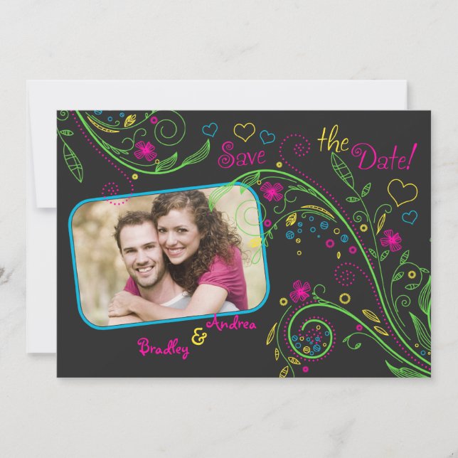 Neon Floral Wedding Photo Save the Date Card (Front)