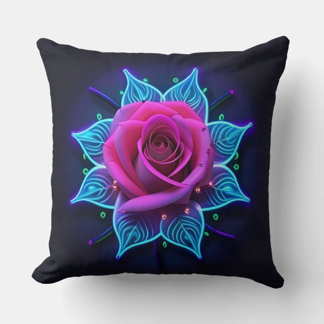 Neon Flower with Blue Light Patterns Cushion (Front)