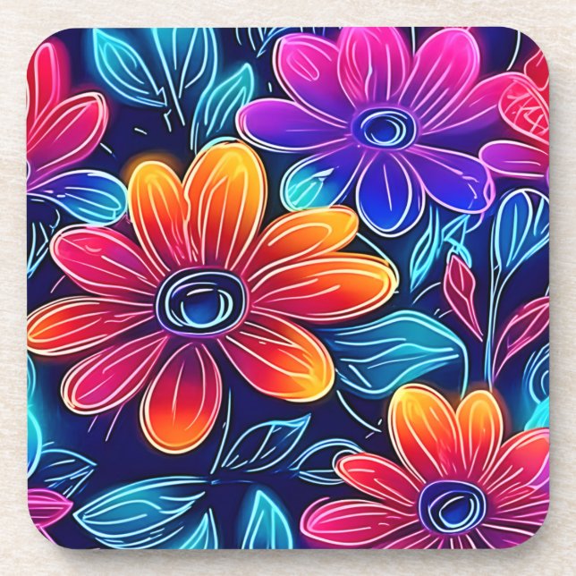 Neon Flowers Bloom Bright Coaster (Front)