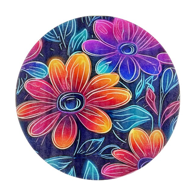 Neon Flowers Bloom Bright Cutting Board (Front)