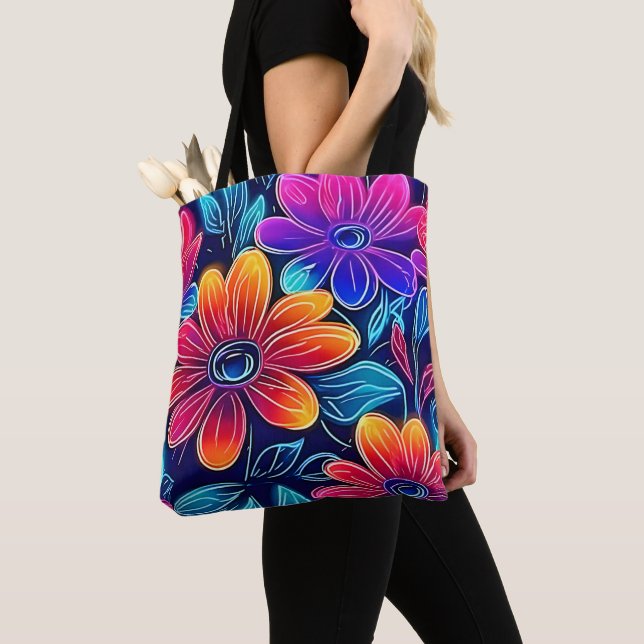 Neon Flowers Bloom Bright Tote Bag (Close Up)