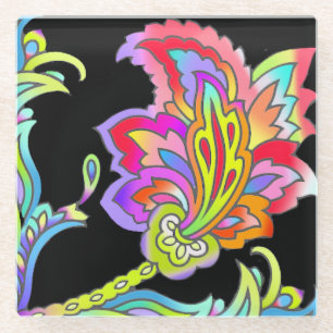 Neon Flowers Glass Coaster
