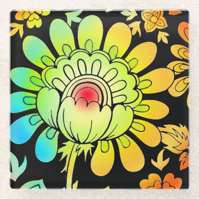 Neon Flowers Glass Coaster (Front)